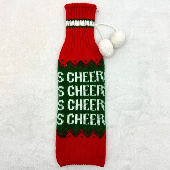 Holiday Wine Bottle Cover Knitted Cheer 14" High Red Green White with Tassels - Picture 2 of 5